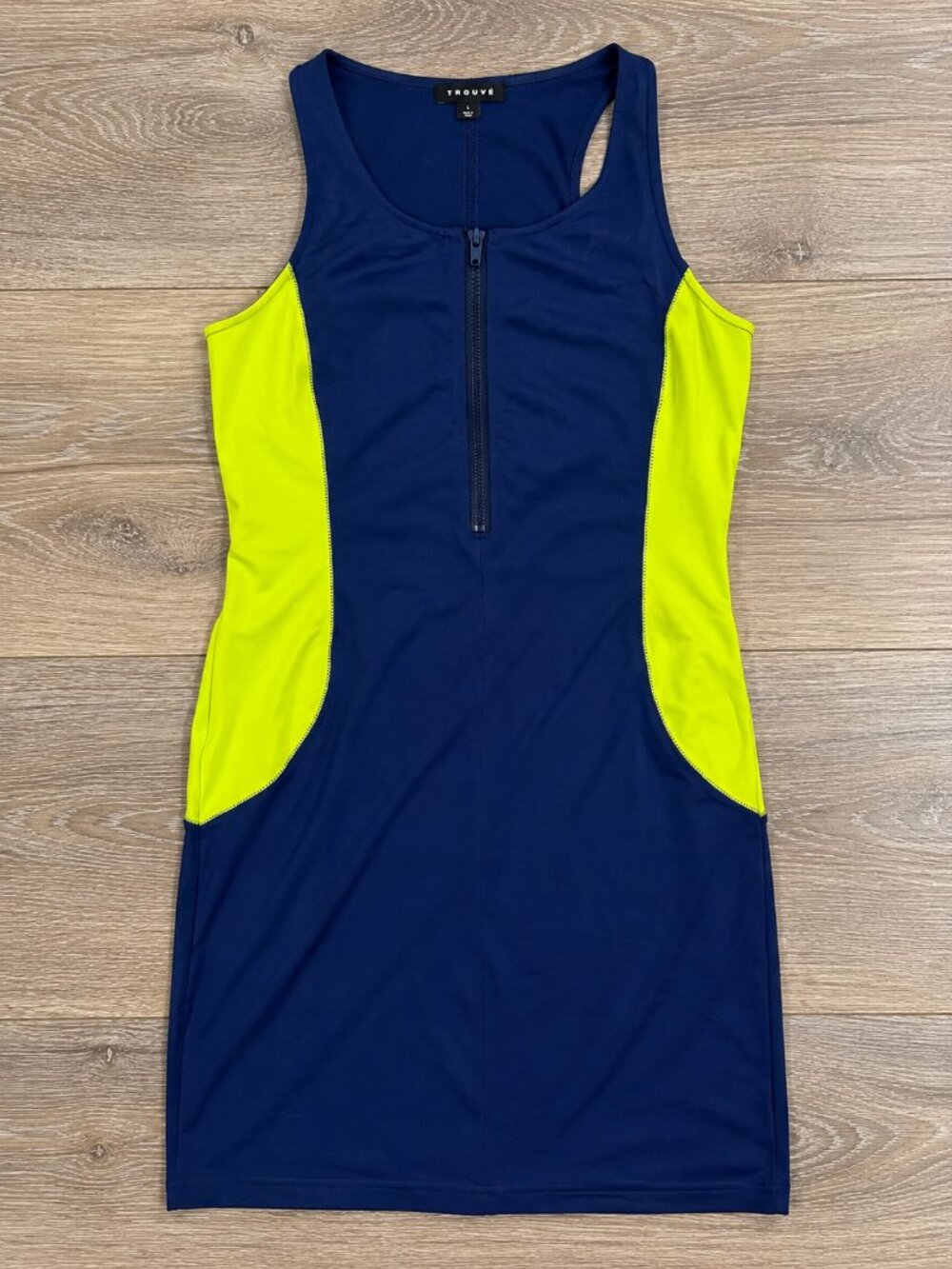Trouvé Nordstrom Navy Blue Neon Yellow Colorblock Zip Front Bodycon Dress L